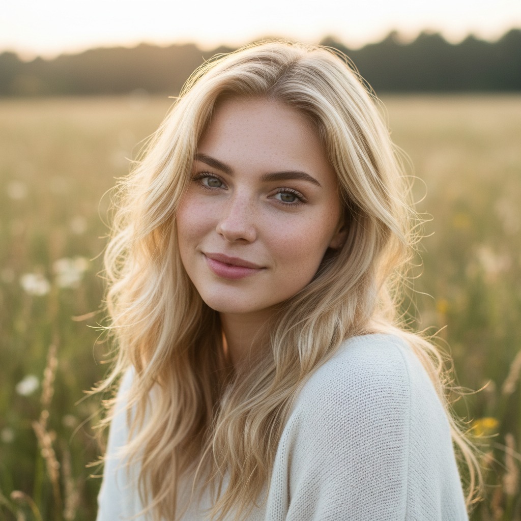A young blonde woman wearing a light-colored sweater smiles softly while standing in a grassy field at sunset.