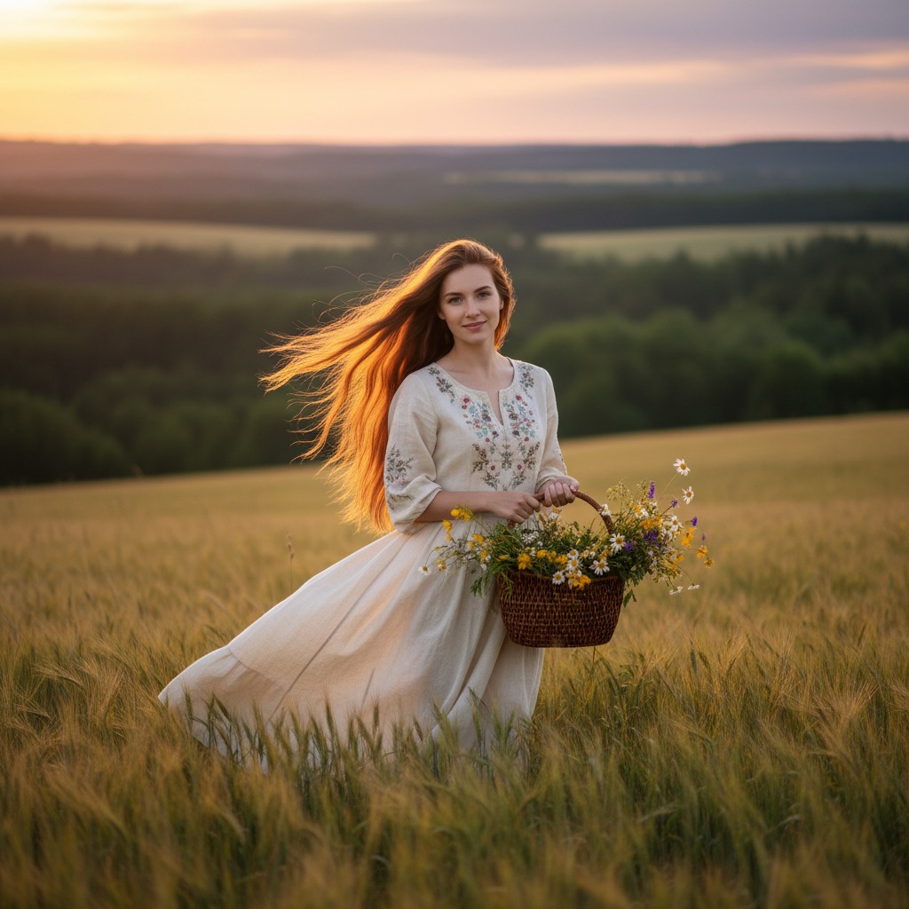 A long-haired woman in a white dress stands in a wheat field at sunset, holding a basket of wildflowers.
